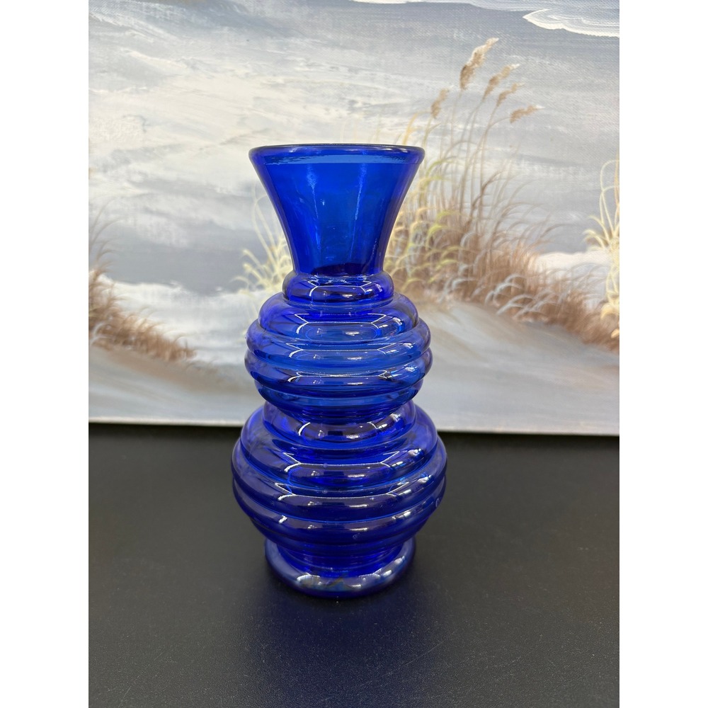 Vintage Cobalt Blue Glass Beehive Ribbed Bud Vase USA Flared Rim 6.25 Inch
